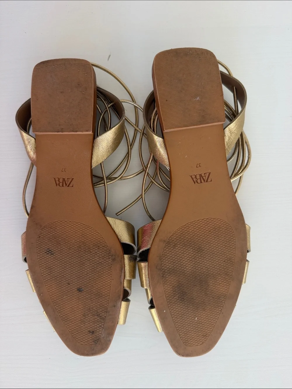 Zara Metallic Gold Woven Lace-Up Flat Sandals